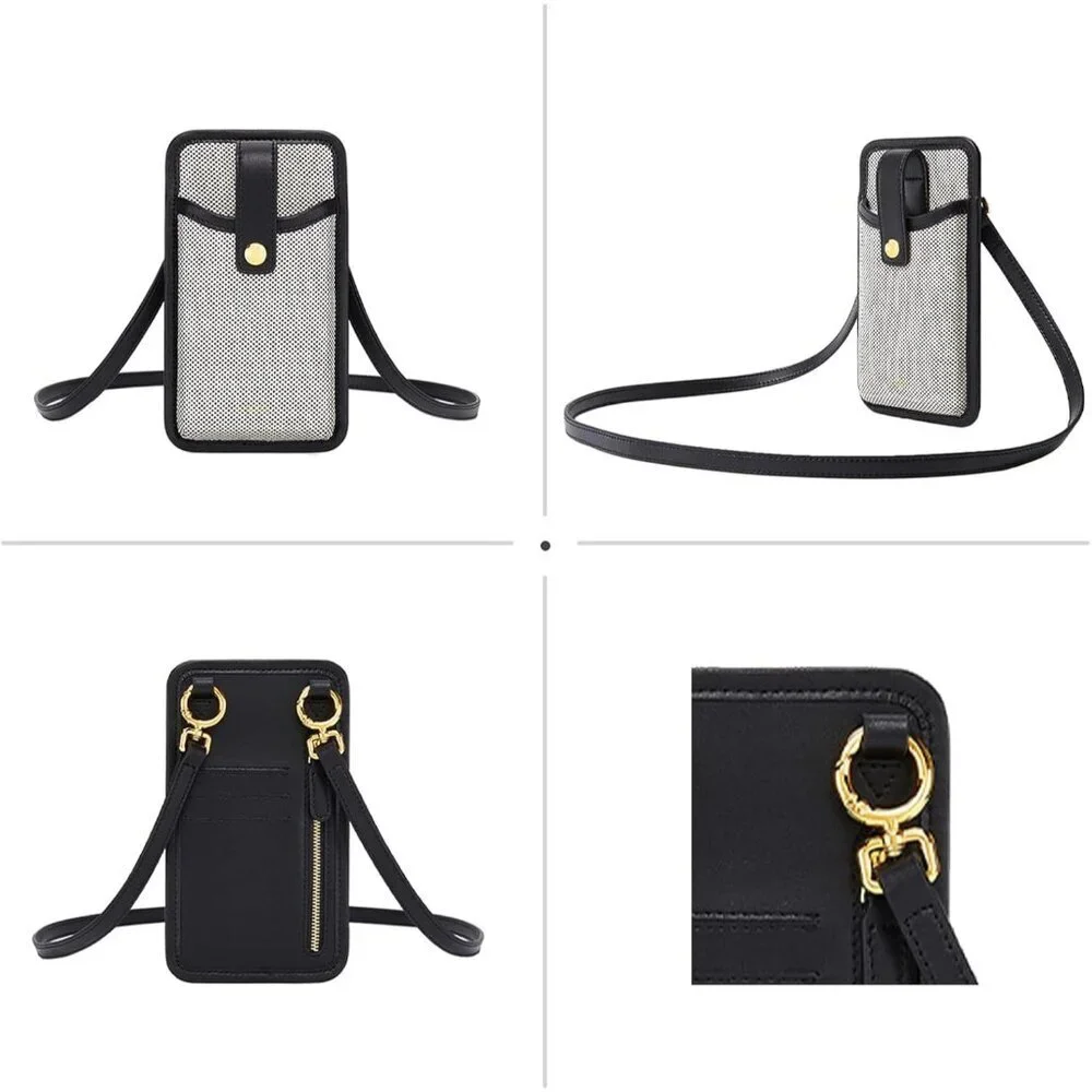Vegan Leather Canvas Cell Phone Crossbody Bag Womens Black Compact Durable